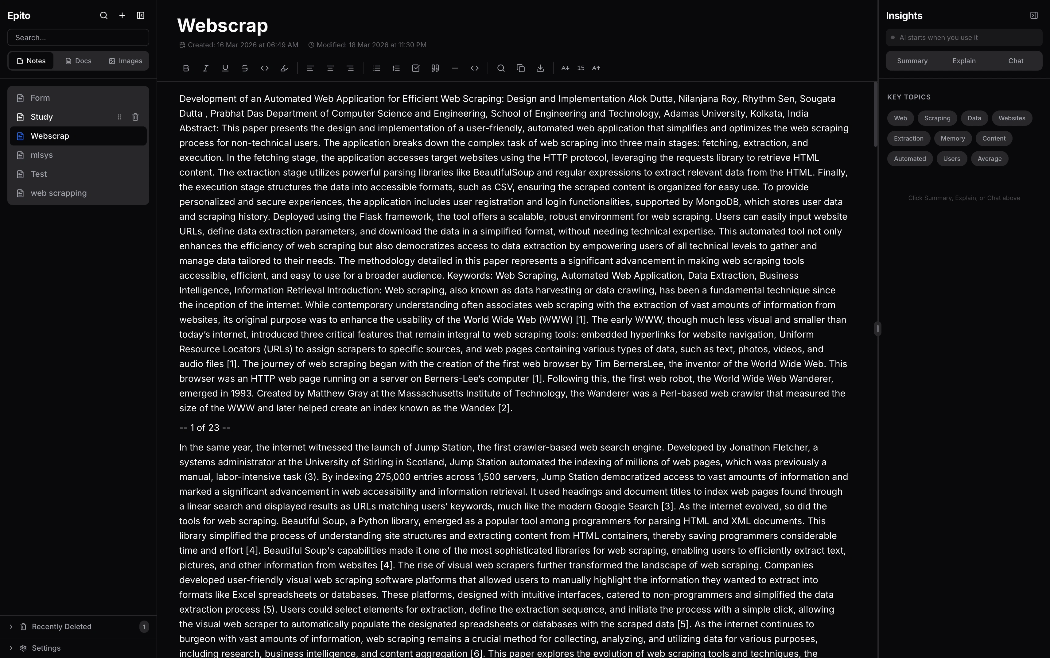 Epito editor view with note content and insights sidebar