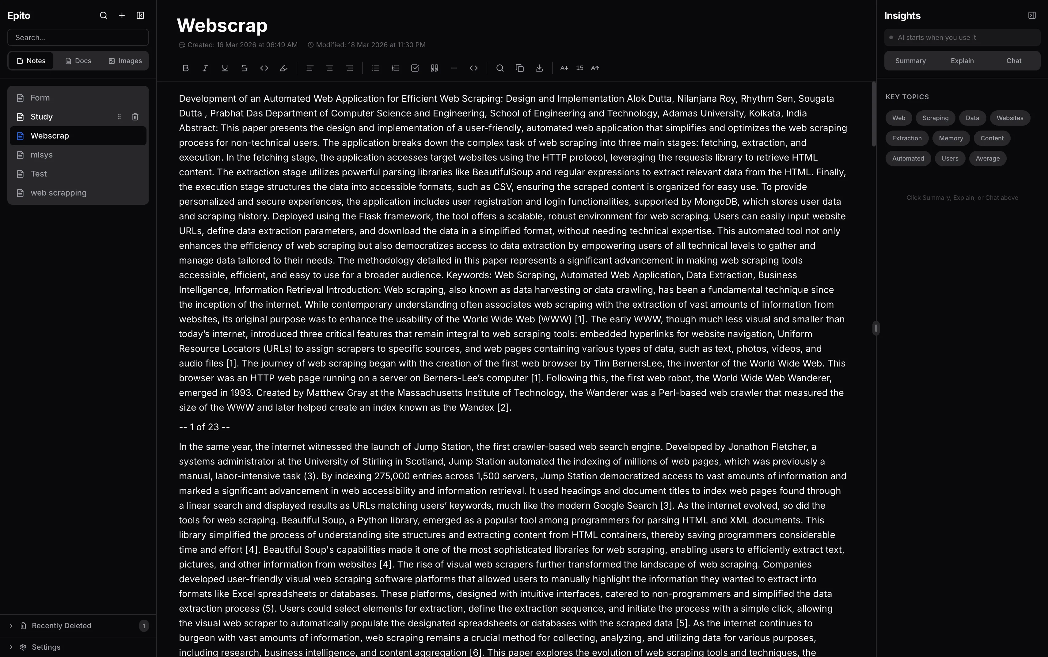 Epito editor view with note content and insights sidebar