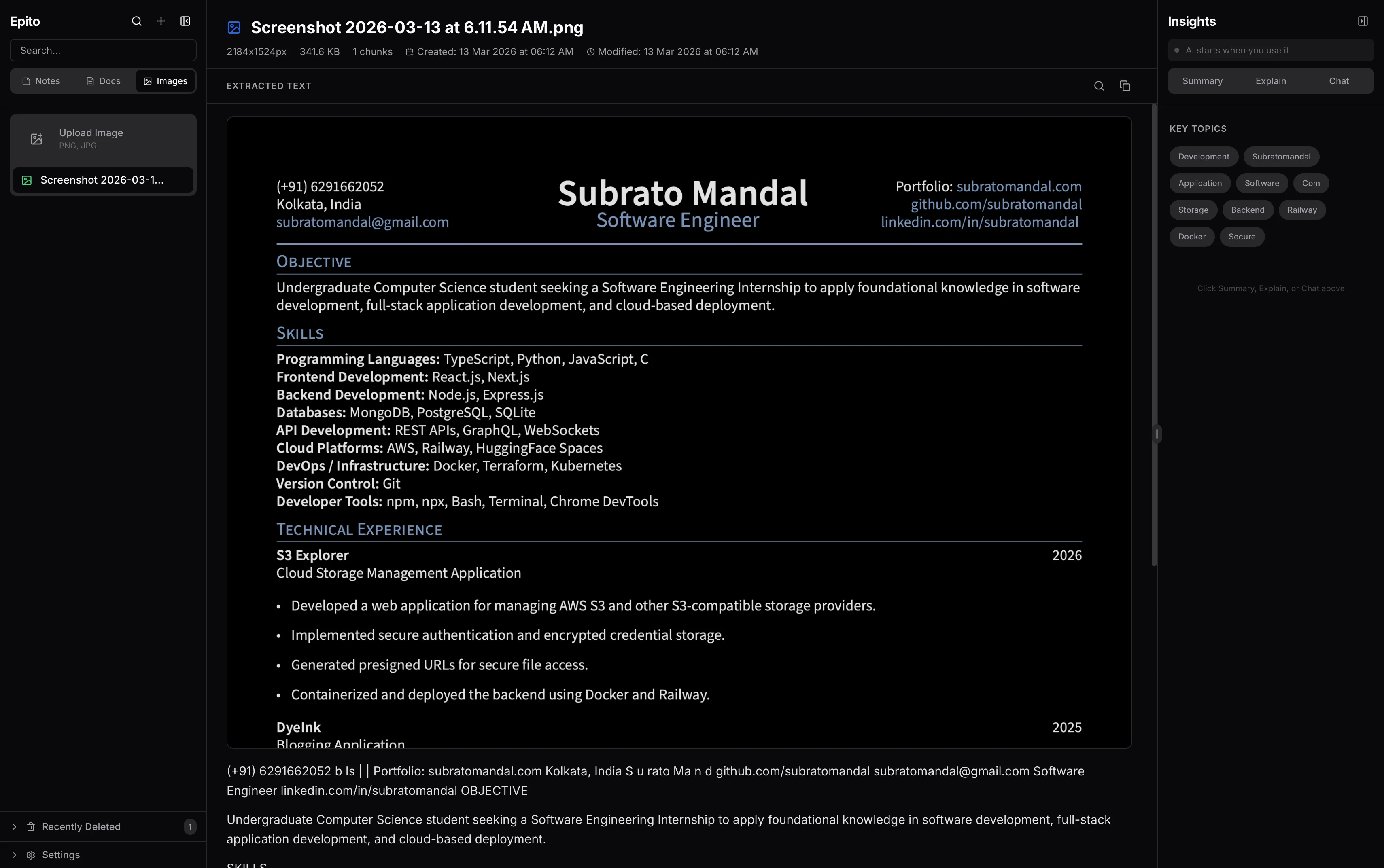 Image viewer with OCR-extracted text, topics and entities panel