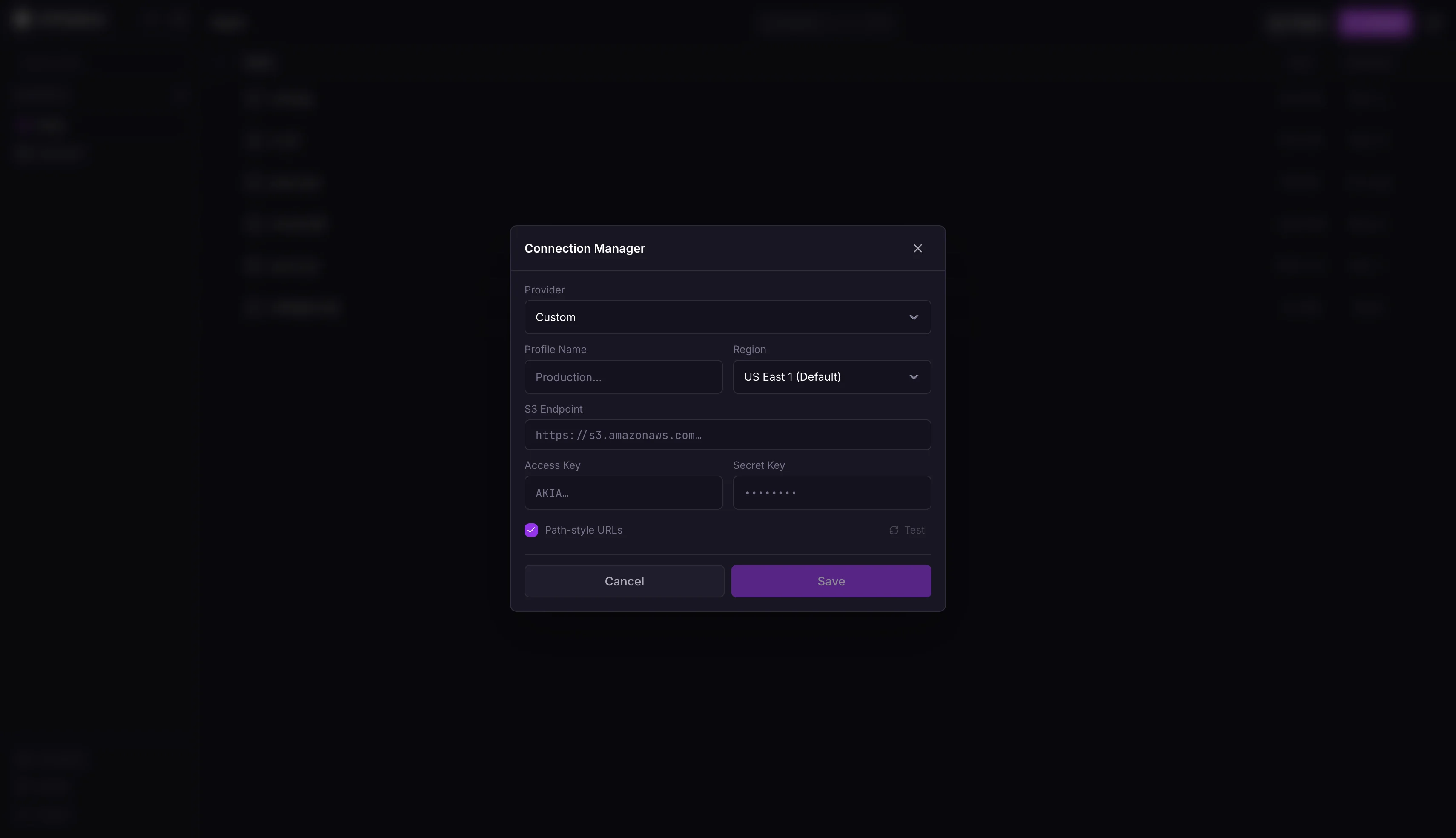 Connection manager screen