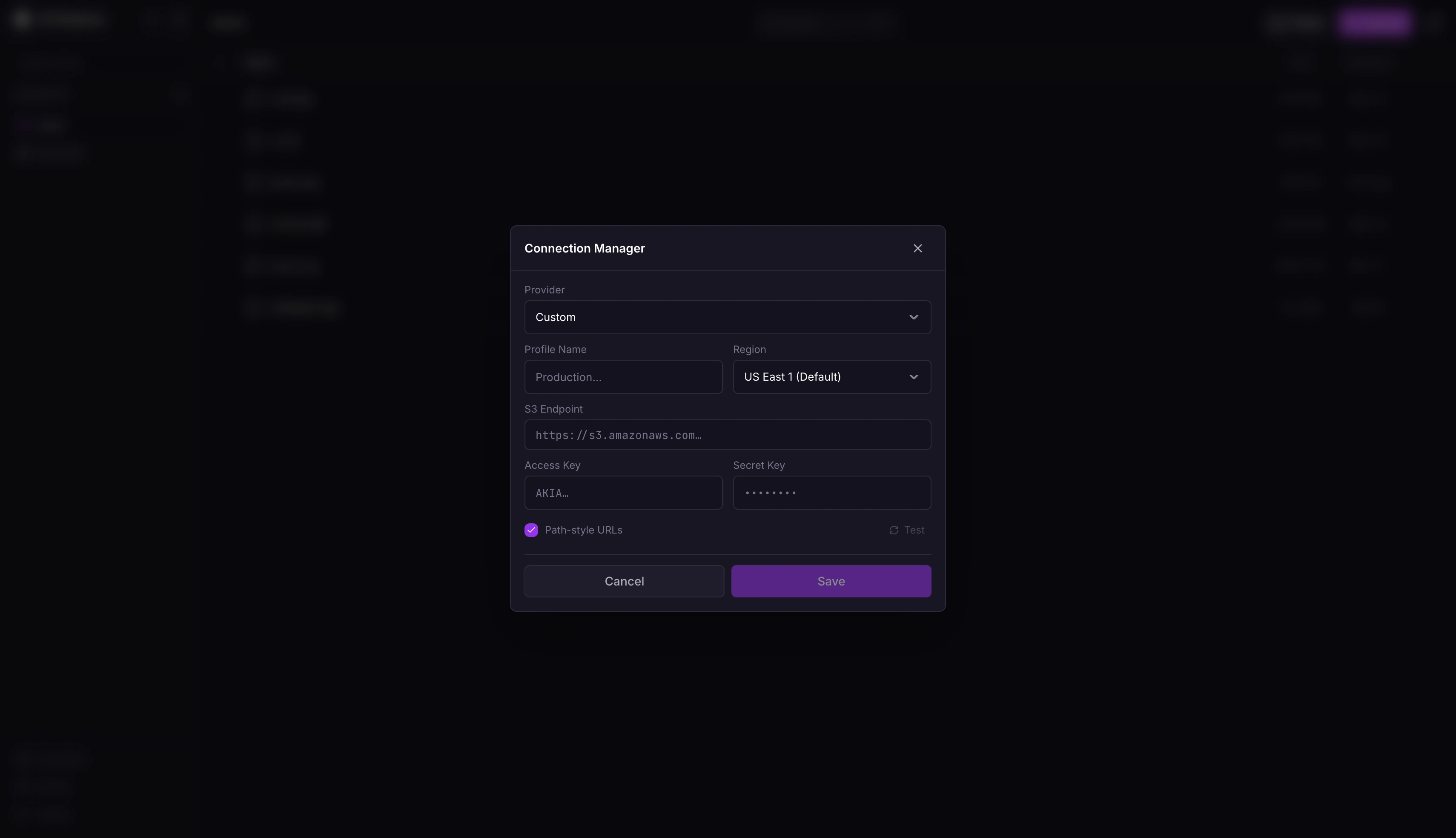 Connection manager screen