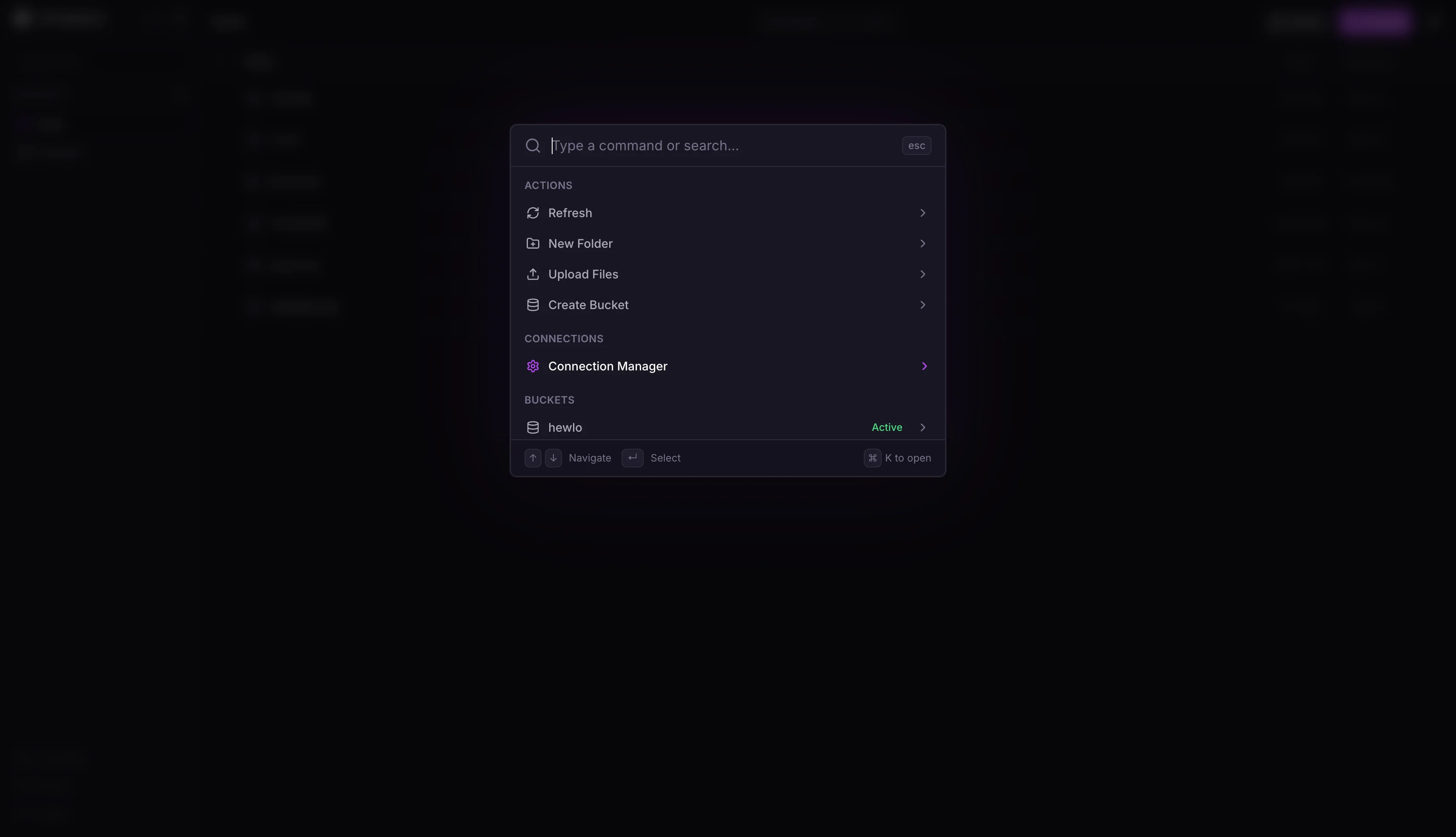 Command palette (Cmd+K) with actions, connections, and buckets